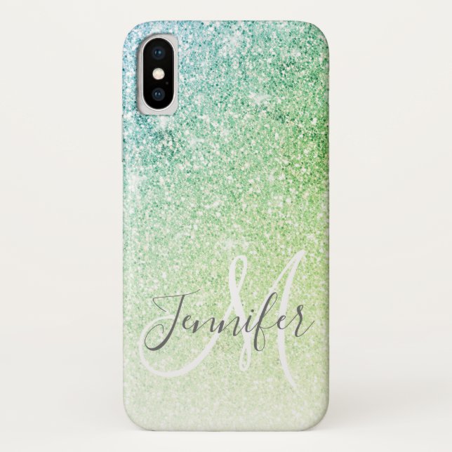 Girly Blue Green Glitter Blush Monogram Name Case-Mate iPhone Case (Back)