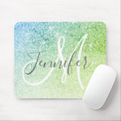 Girly Blue Green Glitter Sparkles Monogram Name Mouse Pad (With Mouse)