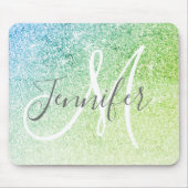 Girly Blue Green Glitter Sparkles Monogram Name Mouse Pad (Front)