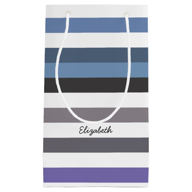 Girly Blue Grey Wide Horizontal Stripes With Name Small Gift Bag (Front)