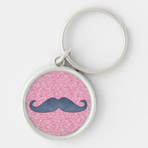 GIRLY BLUE MUSTACHE PINK GLITTER PHOTO KEYCHAIN