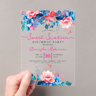 Girly Blue Pink Floral Sweet 16 Birthday Party  Acrylic Invitations