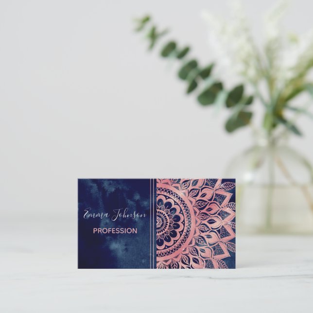 Girly Blue Pink Mandala Floral  Business Card (Standing Front)