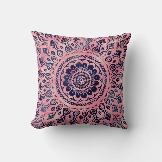Girly Blue Pink Mandala Floral Throw Pillow (Front)