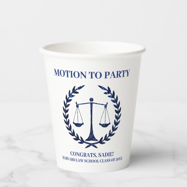 Girly Blue Sparkle Law School Graduation Paper Cups (Front)