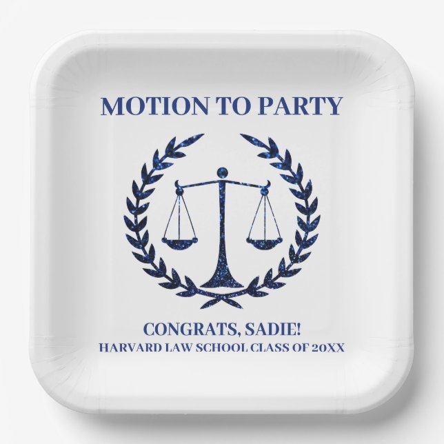 Girly Blue Sparkle Law School Graduation Paper Plate (Front)