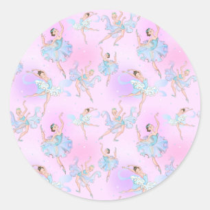 Girly Blue Tutu Ballerinas Pink Background Classic Classic Round Sticker