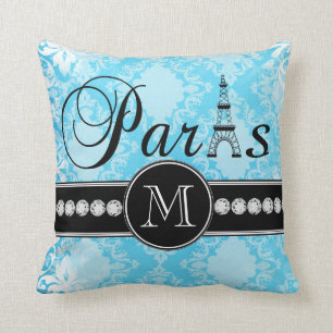 Girly Blue Vintage Damask Black Paris Monogram Throw Pillow