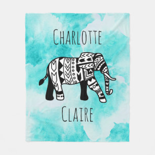 Girly Blue Watercolor Black & White Tribe Elephant Fleece Blanket