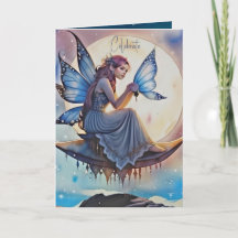 Girly Blue Watercolor Fairy Birthday Card