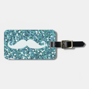 GIRLY BLUE WHITE MUSTACHE PRINTED GLITTER LUGGAGE TAG