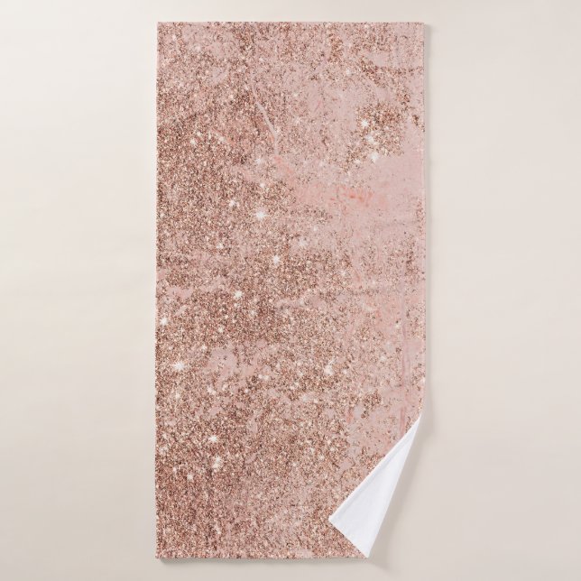 Girly blush coral faux rose gold glitter marble bath towel (Bath Towel)