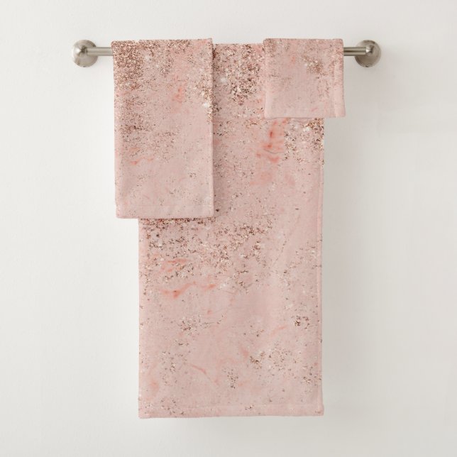Girly blush coral faux rose gold glitter marble bath towel set (Insitu)