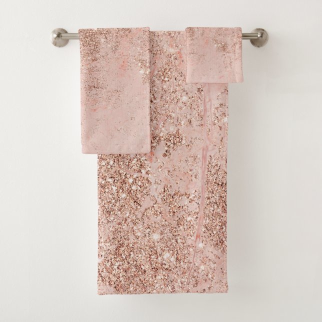 Girly blush coral faux rose gold glitter marble bath towel set (Insitu)