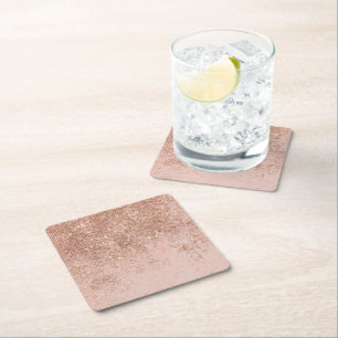 Girly blush coral faux rose gold glitter marble square paper coaster