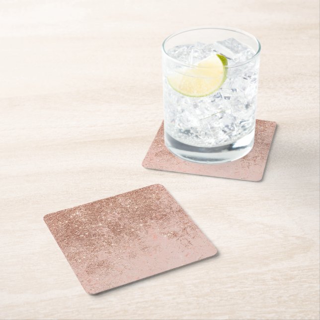 Girly blush coral faux rose gold glitter marble square paper coaster (Insitu)