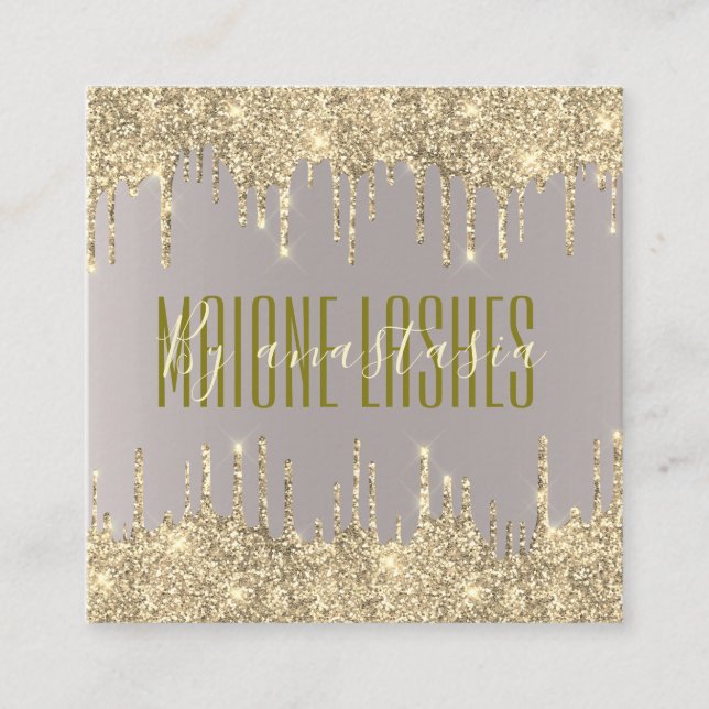 Girly Blush Gold Glittery Drips Artist Makeup SPA Square Business Card (Front)