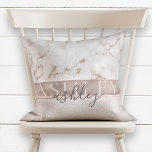 Girly Blush Marble Rose Gold Script Name Monogram Throw Pillow<br><div class="desc">A trendy, girly design featuring faux rose gold marble and shimmer textures, personalized with the girl's name twice over a faux brushed rose gold stripe: first in elegant all cap text, then, in modern, hand lettered script typography. A beautiful design sure to please, and the same on both front and...</div>