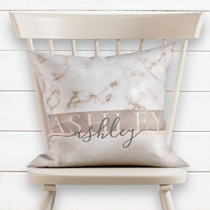 Girly Blush Marble Rose Gold Script Name Monogram Throw Pillow