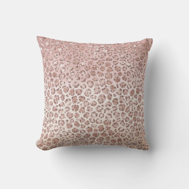 Girly Blush Peach Cream Leopard Print Glitter Throw Pillow (Front)