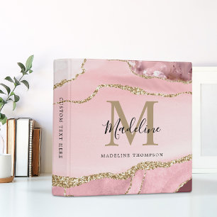 Girly Blush Pink Agate Geode Gold Script Monogram Binder