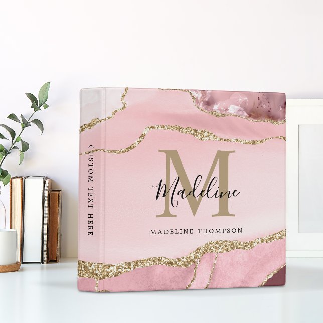 Girly Blush Pink Agate Geode Gold Script Monogram Binder (Creator Uploaded)