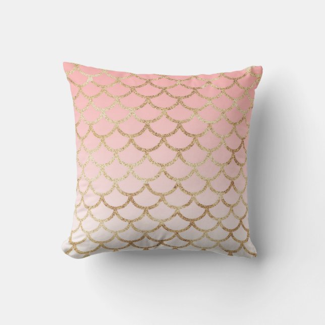 Girly Blush Pink and Gold Mermaid Glitter Sparkles Throw Pillow (Front)
