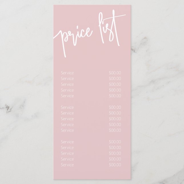 Girly Blush Pink and White Salon Services Menu (Front)
