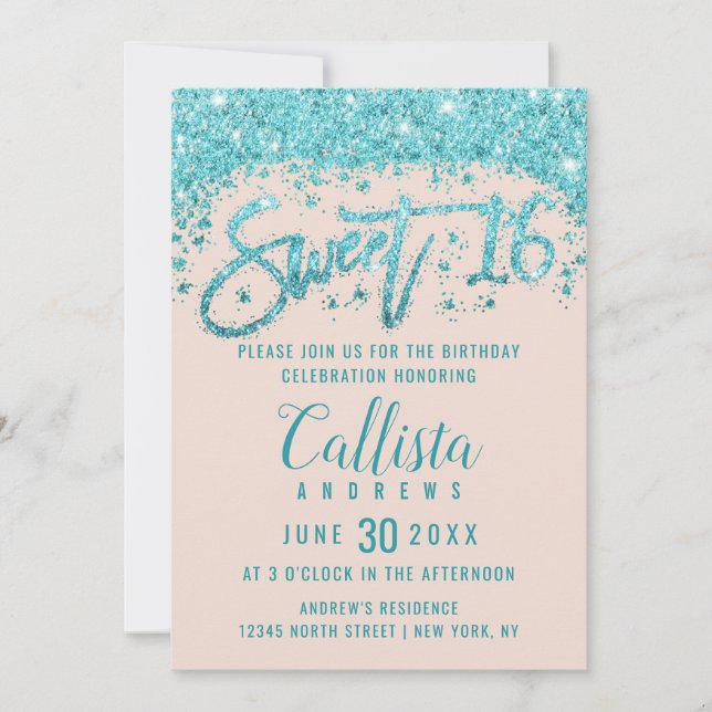 Girly Blush Pink Aqua Blue Glitter Dust Sweet 16 Invitation (Front)