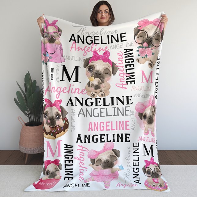 Girly Blush Pink Collage Name Cute Pugs Fleece Blanket (Girly Blush Pink Collage Name Cute Pugs Fleece Blanket)