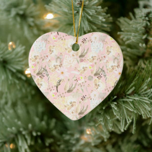 Girly Blush Pink Cream White Floral Ceramic Ornament