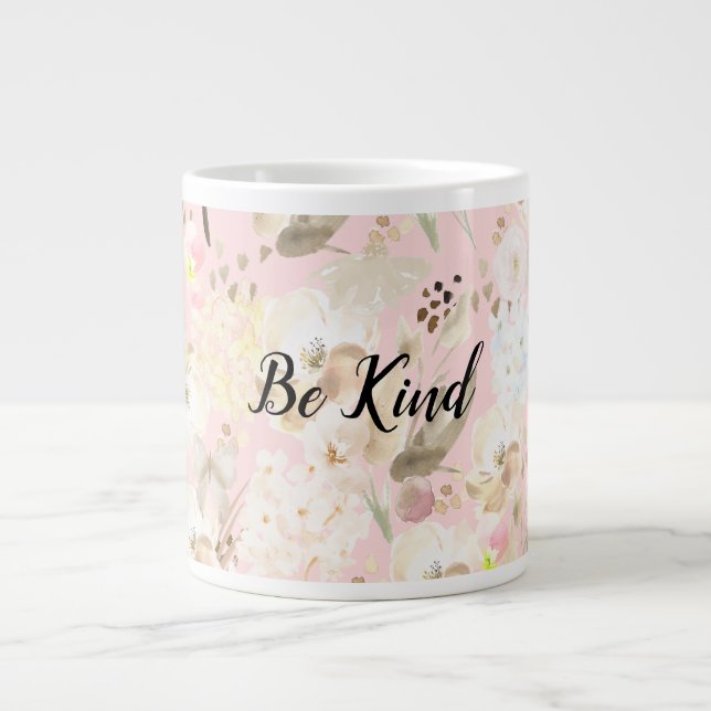 Girly Blush Pink Cream White Floral Large Coffee Mug (Front)