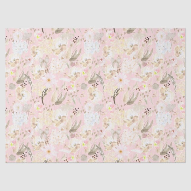 Girly Blush Pink Cream White Floral Tissue Paper (Front)
