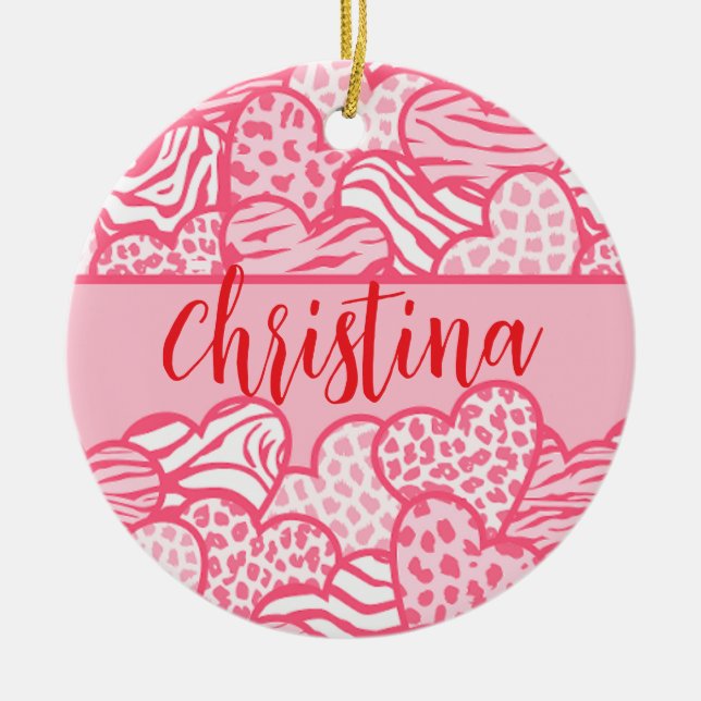 Girly Blush Pink Cute Animal Print Hearts Name  Ceramic Ornament (Front)
