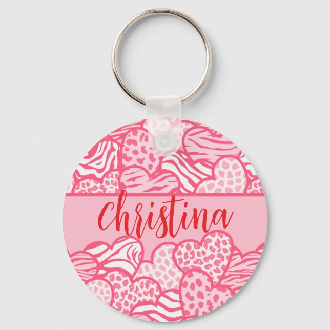 Girly Blush Pink Cute Animal Print Hearts Name  Keychain (Back)