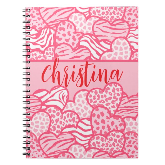 Girly Blush Pink Cute Animal Print Hearts Name  Notebook (Front)