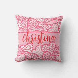Girly Blush Pink Cute Animal Print Hearts Name  Throw Pillow