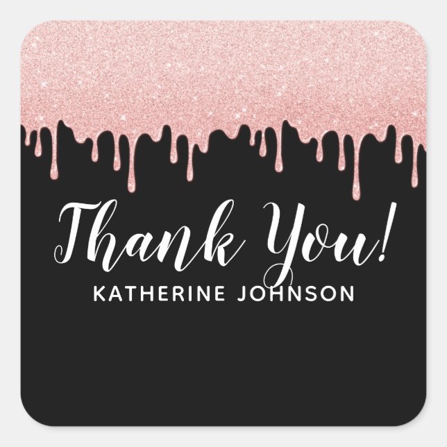 Girly Blush Pink Dripping Glitter Thank You  Squar Square Sticker (Front)