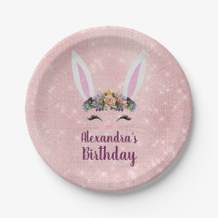Girly Blush Pink Easter Bunny Birthday Party Paper Plate