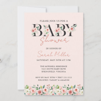 Girly Blush Pink Floral Baby Shower Invitation