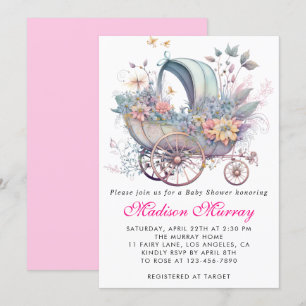 Girly Blush Pink Floral Buggy Stroller Baby Shower Invitation