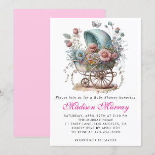 Girly Blush Pink Floral Buggy Stroller Baby Shower Invitation