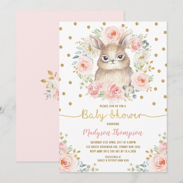 Girly Blush Pink Floral Bunny Rabbit Baby Shower Invitation (Front/Back)
