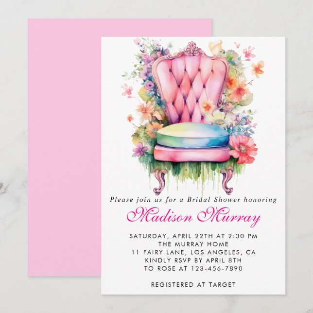 Girly Blush Pink Floral Flower Chair Bridal Shower Invitation (Front/Back)