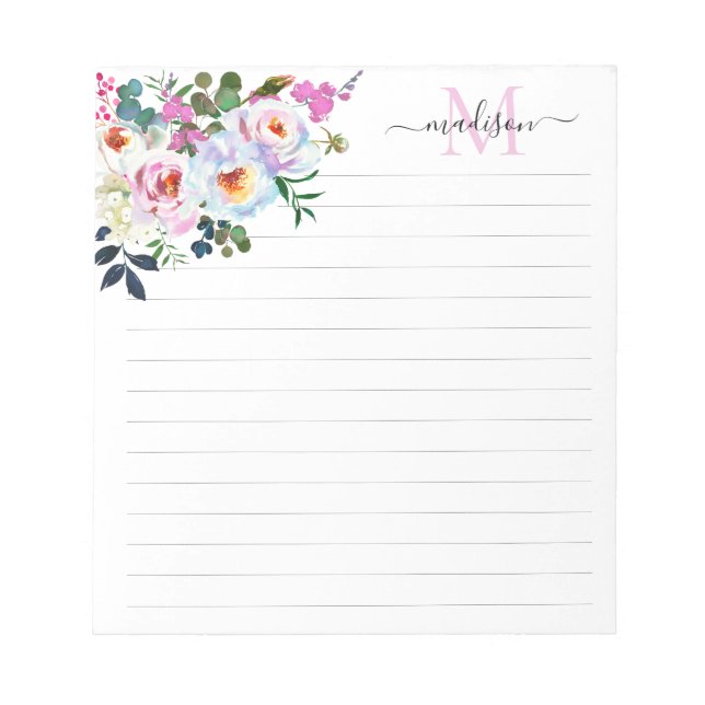 Girly Blush Pink Floral Watercolor Monogram Script Notepad (Front)
