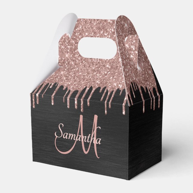 Girly Blush Pink Glitter Black Monogram Name Favou Favor Box (Front Side)