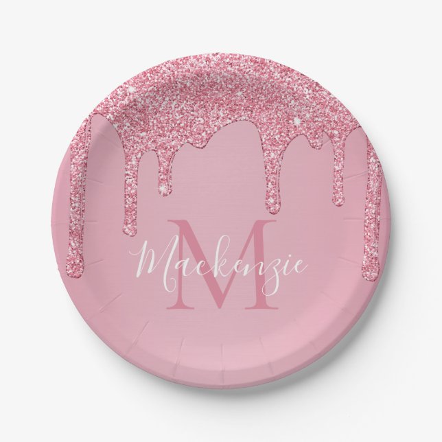 Girly Blush Pink Glitter Drips Monogram Birthday Paper Plate (Front)