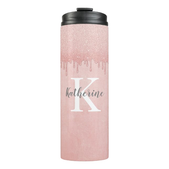 Girly Blush Pink glitter drips Monogram Thermal Tumbler (Front)