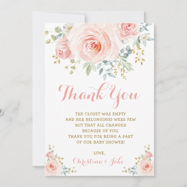 Girly Blush Pink Gold Floral Baby Shower Boho Rose Thank You Card (Front)