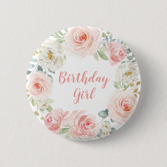 Girly Blush Pink Gold Floral First 1st Birthday 2 Inch Round Button (Front)